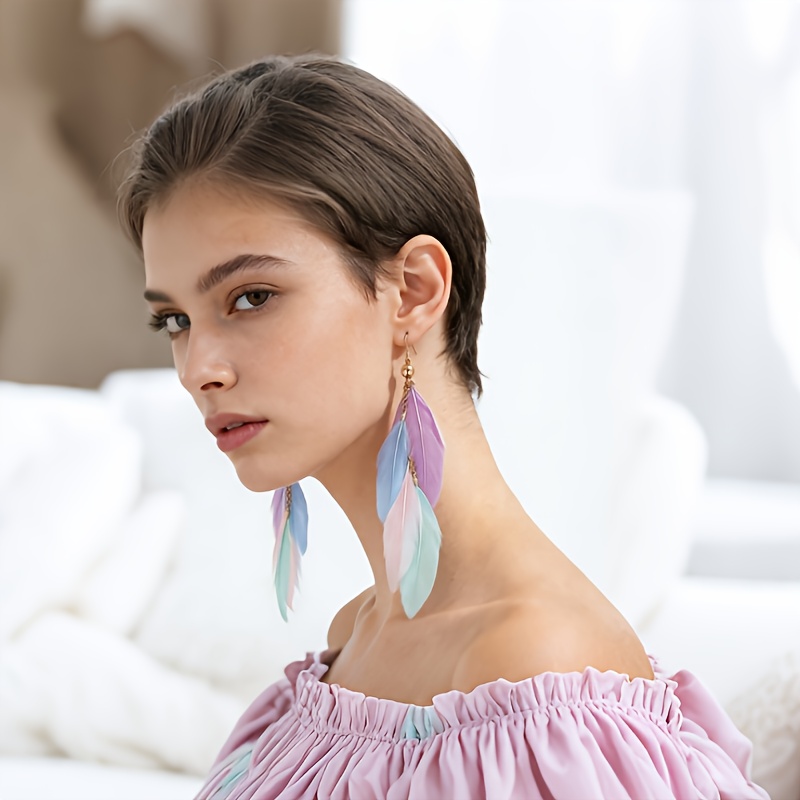 Women's Multicolor Gradient Feather Stud Earrings, Fairy Style